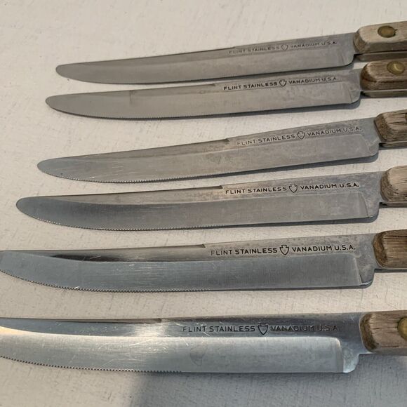 Vintage EKCO Flint Steak Knife Set of 6 Original Wood Holder Made in the USA - Picture 11 of 12